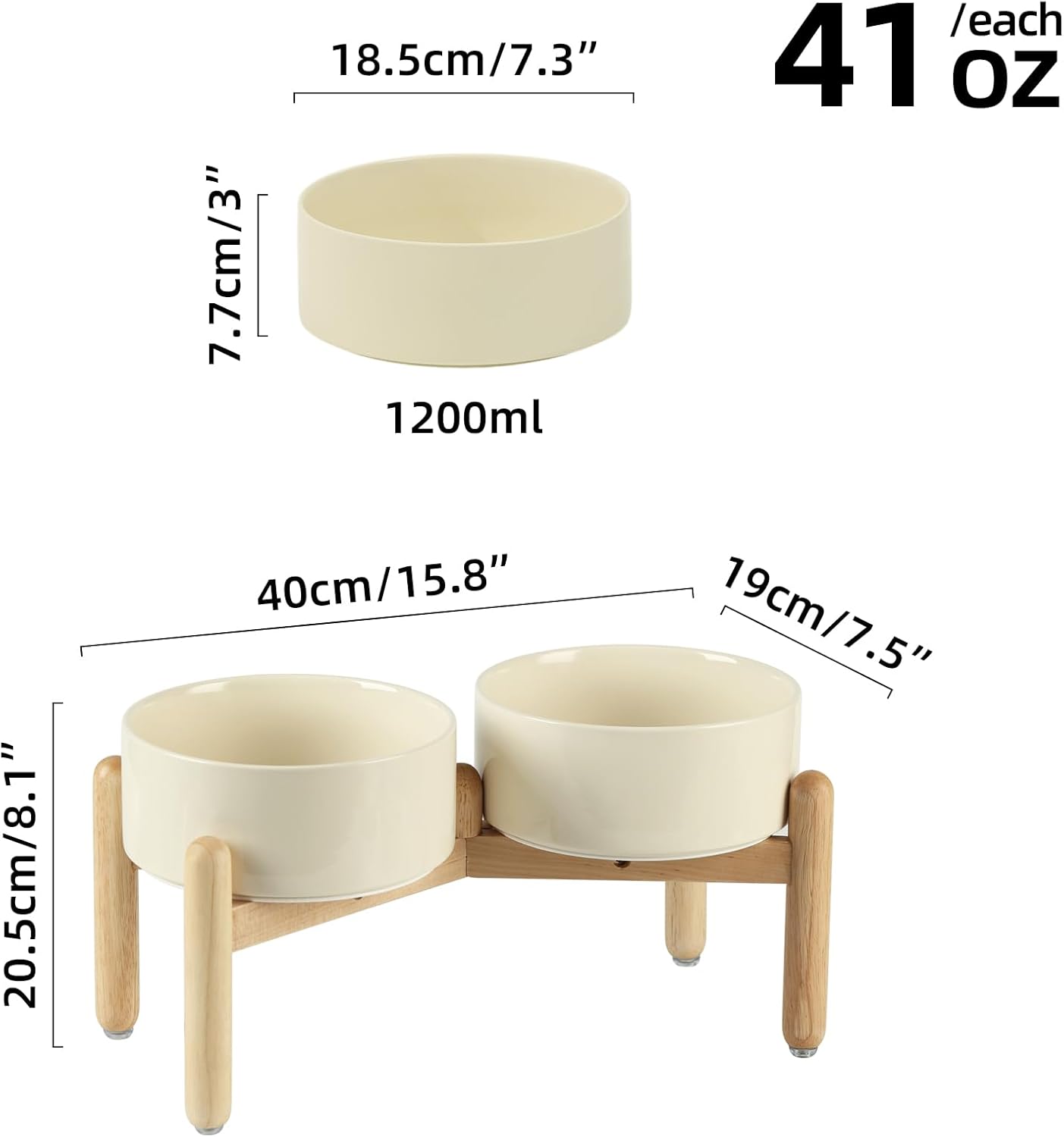 Ceramic 7.3inch Raised Double Bowls Set with Wooden Stand, Food & Water Bowls for Medium Breed Dogs, Weighted Dog Dishes, Pet Feeder(Beige)