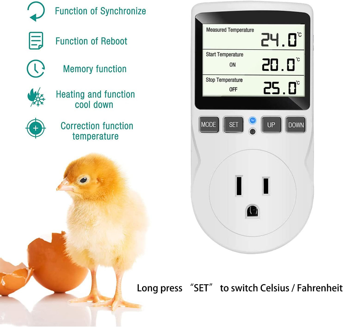 KABASI Digital Temperature Controller, LCD Screen Heating Cooling Reptile Thermostat with Sensor Probe for Snake, Lizard, Incubator, Brewing, Incubator, Greenhouse, Terrarium ℉/℃ 15A 1800W 120V