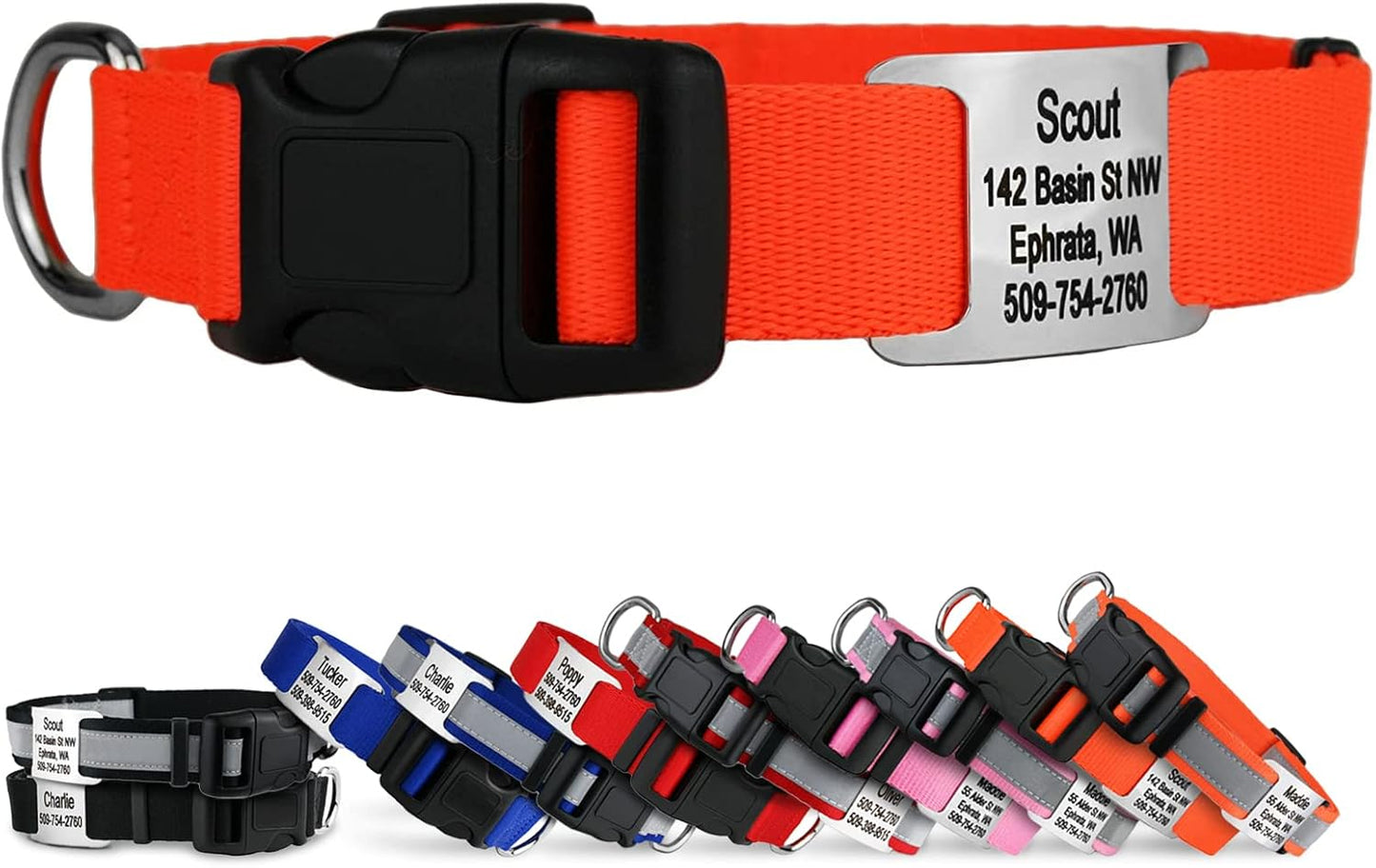 GoTags Personalized Dog Collar with Nameplate, Adjustable Dog Collar with Custom Engraved Slide On Pet ID Tag in Stainless Steel, Silent, No Noise Dog Tag for Large Medium and Small (Orange, X-Small)