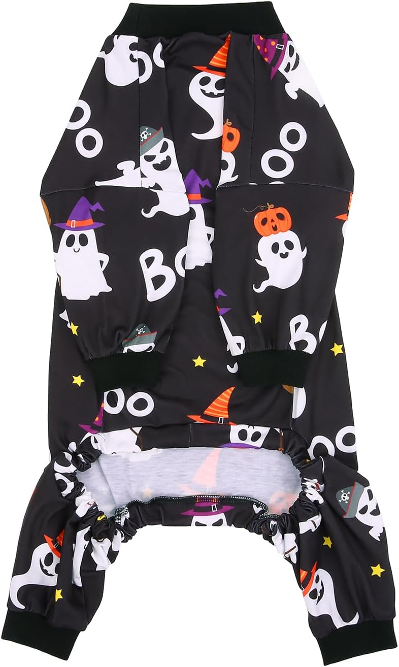 HDE Dog Pajamas One Piece Jammies Jumpsuit Pet Clothes Outfit Stretchy Lightweight Comfy Shirt Pjs for M-3XL Dogs Cute Ghosts - 2XL