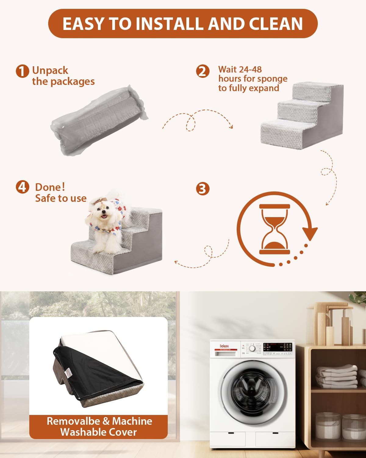 Dog Stairs for Small Dogs,22" H,5-Step Dog Steps for High Bed Couch and Sofa,Pet Stairs for Dogs and Cats Climbing with Non-Slip Bottom and Washable Cover,Grey