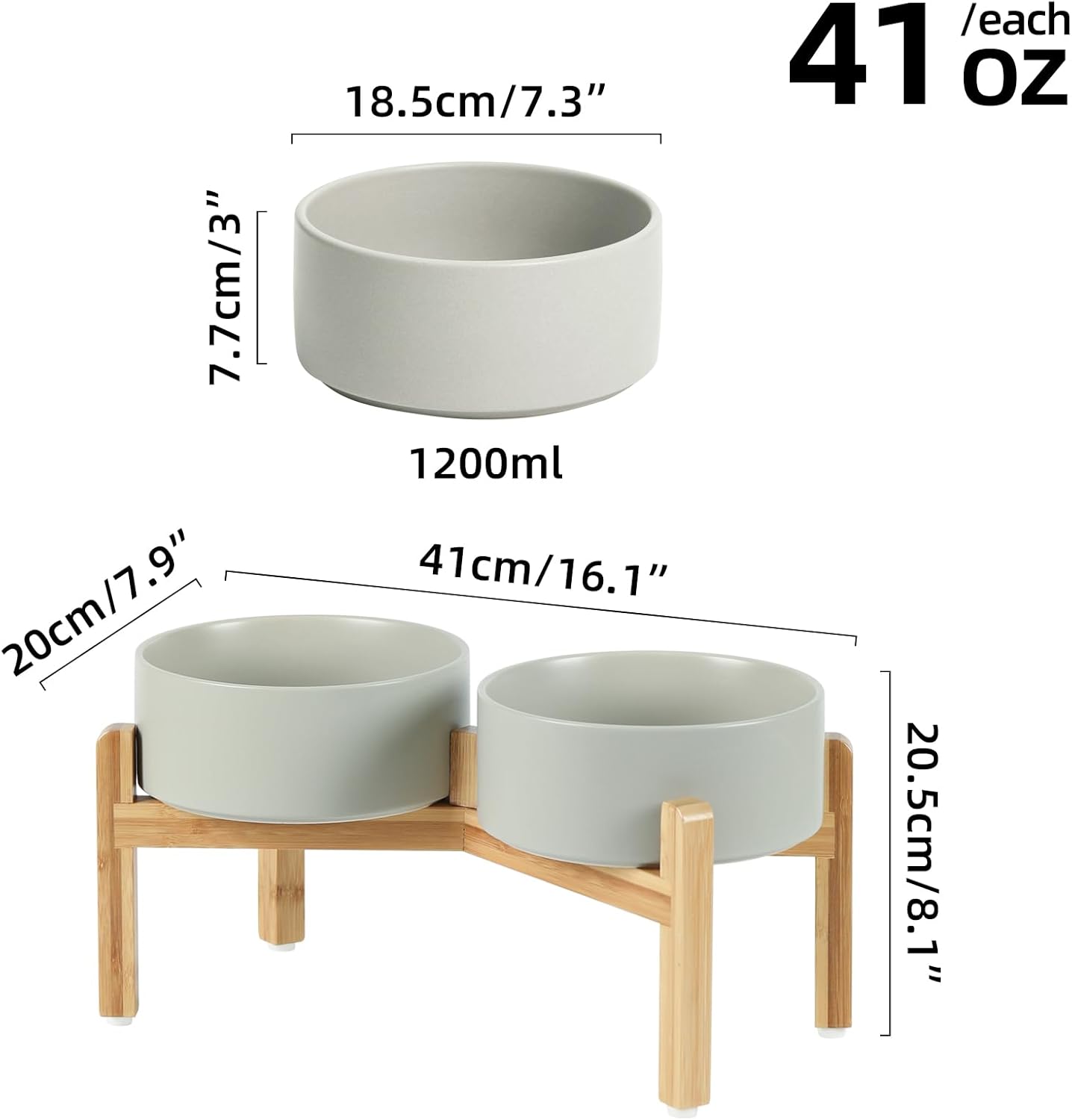 Ceramic Raised Double Bowls Set with Stand, Food & Water Bowls for Medium Breed Dogs, Weighted Dog Dishes, Pet Bowl(7.3'',41OZ, Grey)
