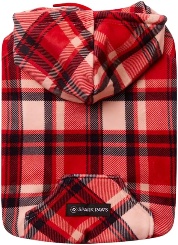 Spark Paws Dog Hoodie – Premium Dog Sweater for Small, Medium, and Large Dogs | Warm Outfits for French Bulldogs, Pitbull, Puppy, Winter Jacket Alternative - Red Plaid, S
