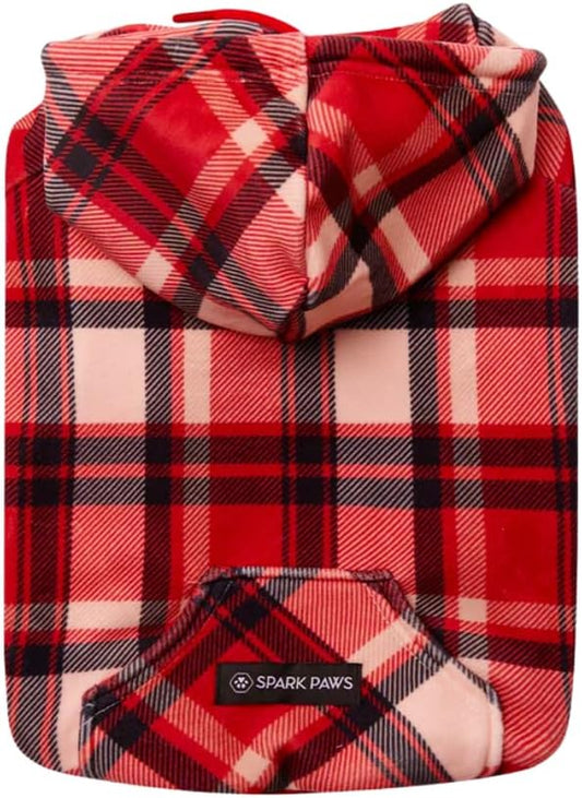 Spark Paws Dog Hoodie – Premium Dog Sweater for Small, Medium, and Large Dogs | Warm Outfits for French Bulldogs, Pitbull, Puppy, Winter Jacket Alternative - Red Plaid, M