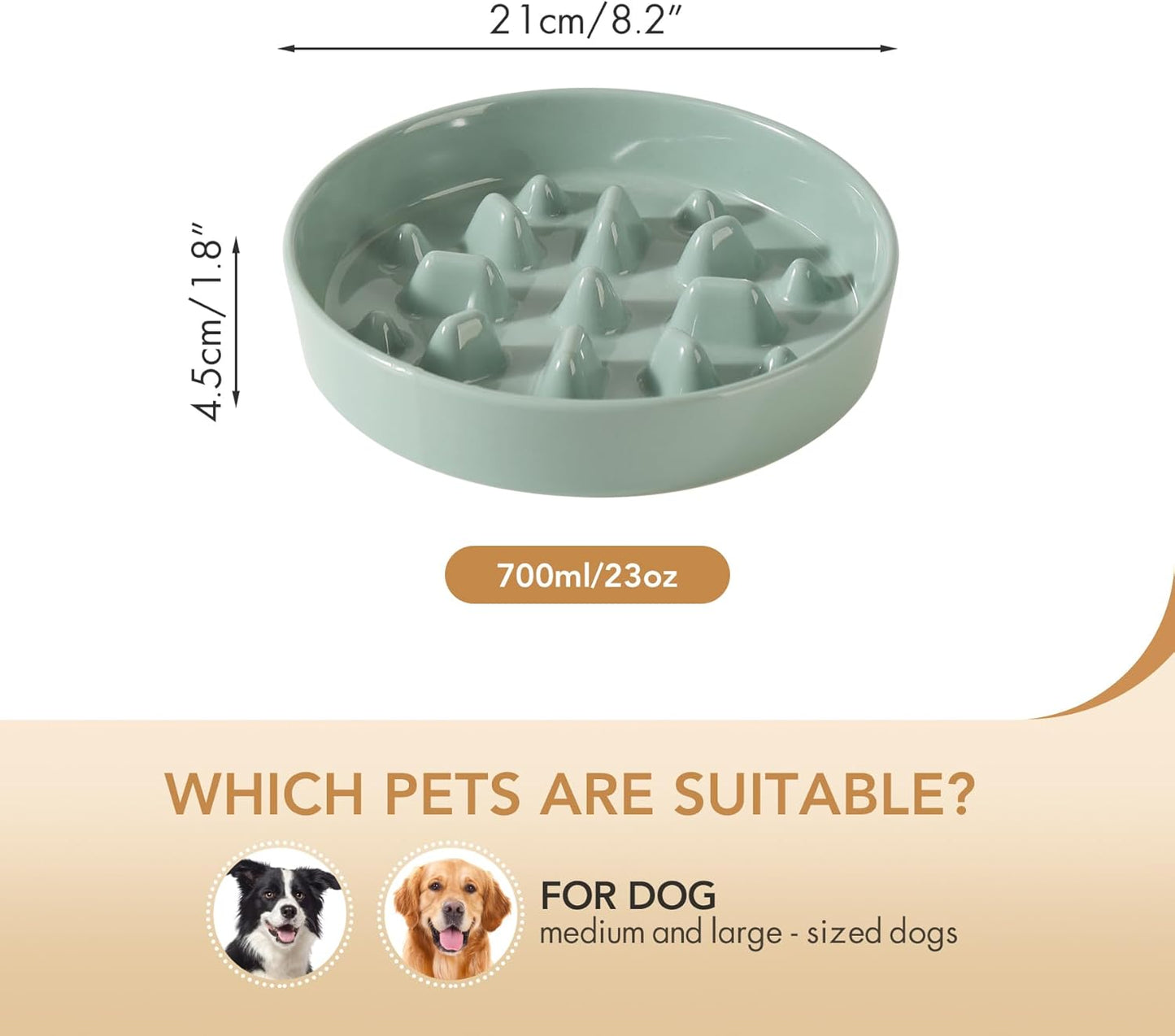 Ceramic 8.2 inch Dog Bowl Slow Feeder, Slow Pet Food Dish for Medium and Large Dog, Stop Bloat, Preventing Choking(Single Bowl, Light Green)