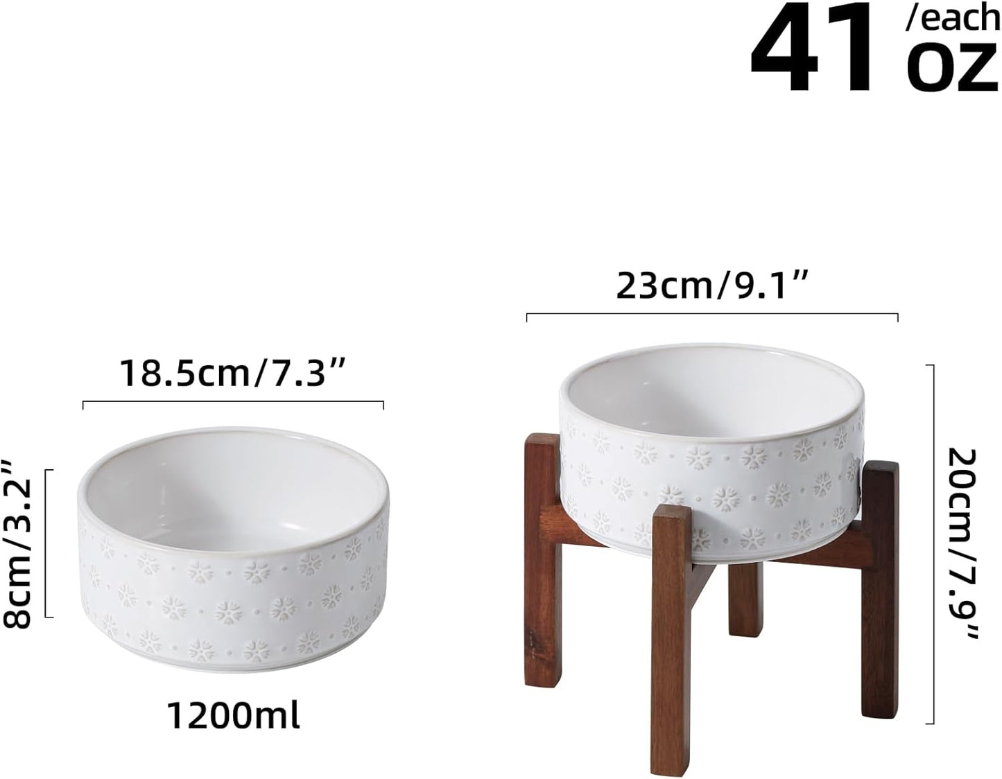 7.3inch Ceramic Raised Dog Bowl Set, Elevated with Acacia Wood Stand, Food and Water Bowl for Medium Breed Dogs, Weighted Dog Dishes, Pet Bowl(41OZ, Arctic White)