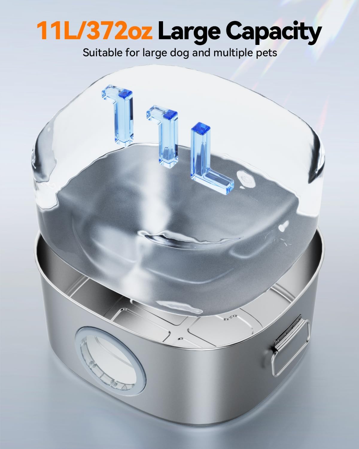 Dog Water Fountain Stainless Steel, 11L/2.8Gal Large Pet Water Fountain for Large Dogs Inside, Dog Fountain Water Bowl Automatic Dispenser with Visible Window & LED, Ultra Quiet for Dogs and Multi-Pet