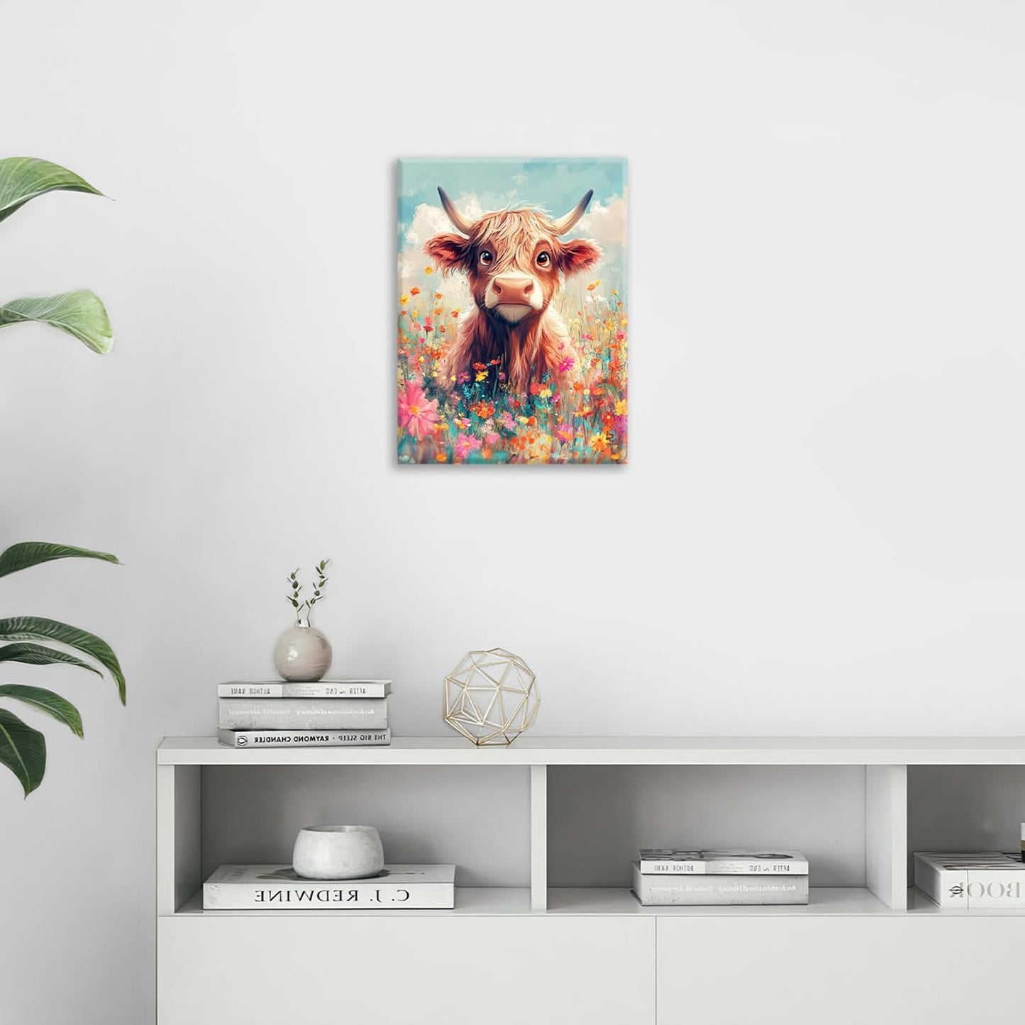 Highland Cow Wall Art Canvas Flower Cattle Wall Decor Prints Framed Painting Animal Pictures Gifts Artwork for Bathroom Living Dining Kitchen 12"x16"