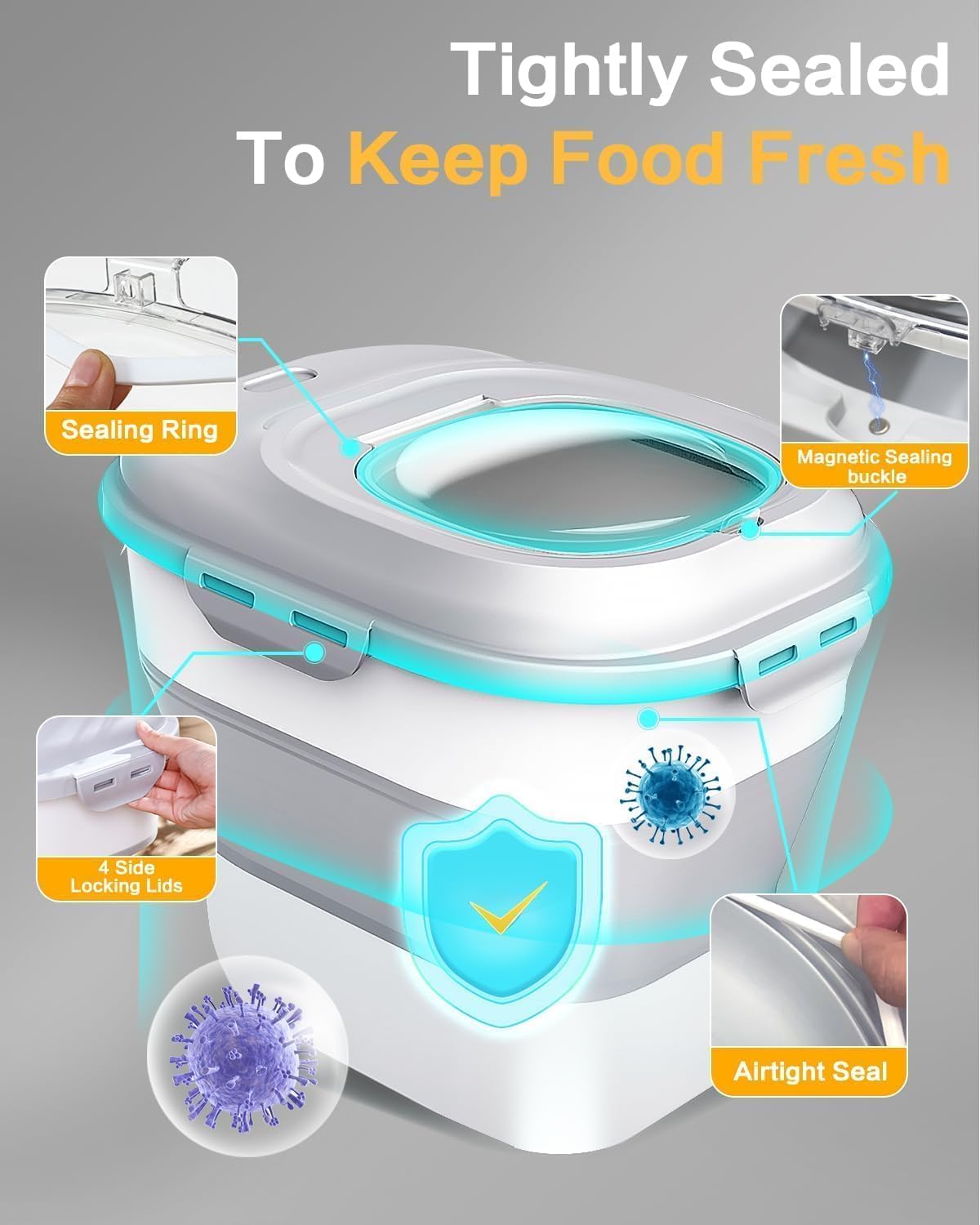 ANVS 2 Pack Dog Food Storage Container - Collapsible Dog Food Container with Airtight Lids, Scoop and 2.5L Small Pet Food Storage Container Dry Food For Dog, Cat and Other Pet Food (Grey, 30lbs)