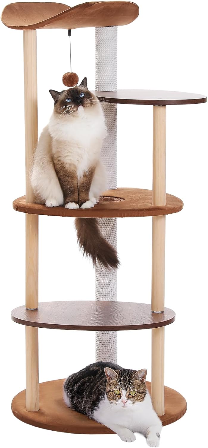 PETEPELA Wood Cat Tree Tower for Indoor Cats,5-Level Modern Cat Tree Cat Activity Center with Scratching Posts, Brown