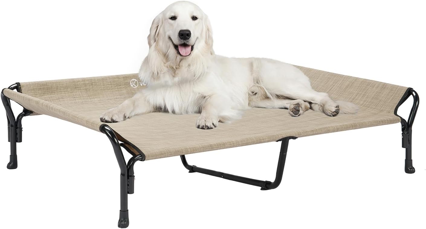 Veehoo Cooling Elevated Dog Bed, XL Raised Pet Cot with Guardrail & Slope Headrest, Durable Breathable Teslin Mesh, Non-Slip Feet, Washable Dog Couch Bed for Indoor & Outdoor, 50.5" x 33.5", Beige