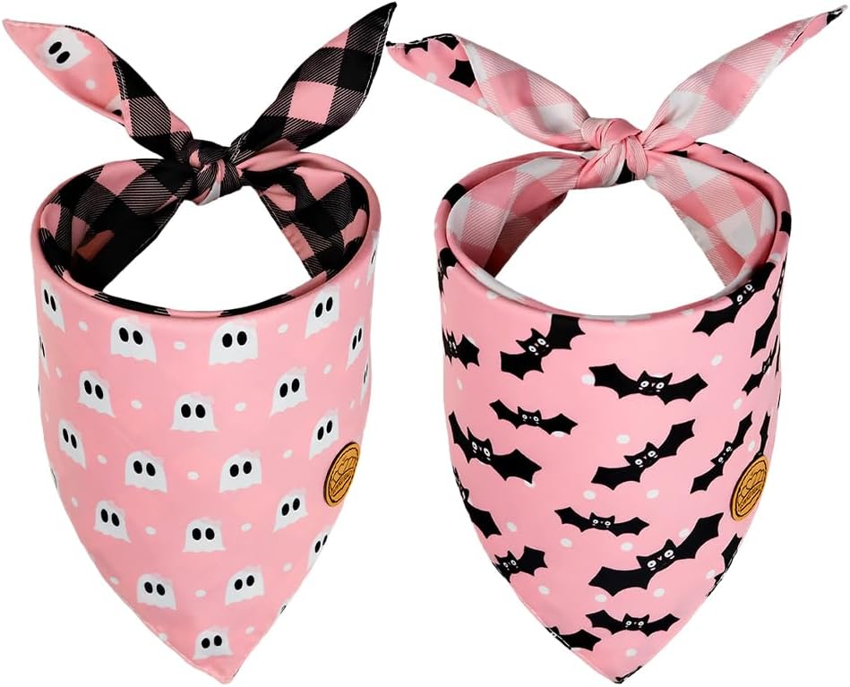 CROWNED BEAUTY Halloween Dog Bandanas Reversible Large 2 Pack, Ghost Bat Set, Buffalo Plaid Polka Dots Adjustable Triangle Scarves for Medium Large Extra Large Dogs Girl Boy Pets (Pink) DB76-L