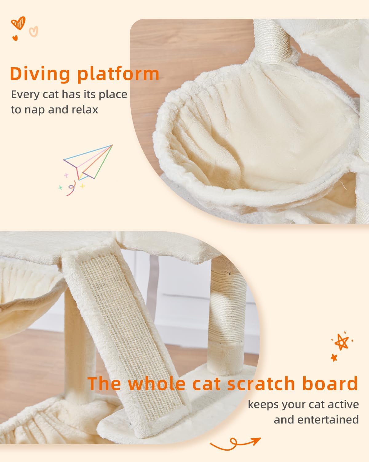 Taoqimiao Cat Tree 57.5-Inch, Cat Tower for Indoor Cats Large Adult, Extra Large Cat Condo, 8 Sisal Scratching Posts, Metal Frame Cozy Hammock, Durable Scratch Board, 2 Top Perches, Beige MS026M