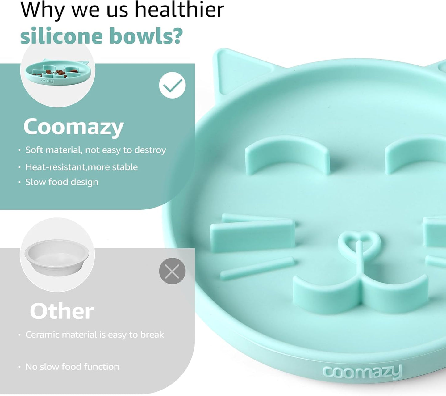 Coomazy Silicone Slow Feeder Dog Cat Bowls, Interactive Puzzle Toy for Pets Dry/Wet Food Training, Keeps Dogs Cats Busy, Prevents Puppy Kitty Overeating (Cyan, 0.8 Cup)