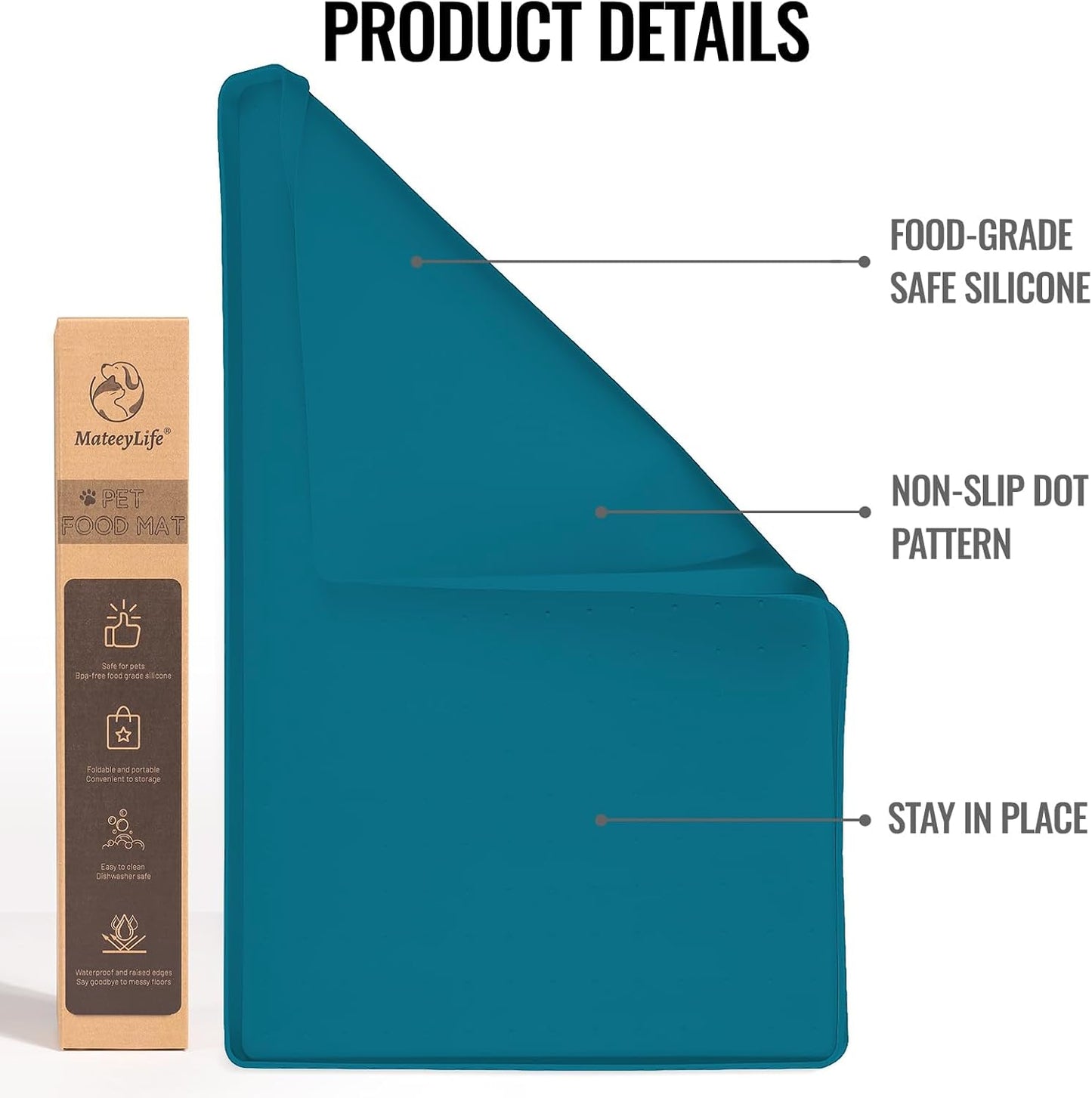 MateeyLife Dog & Cat Food Mat, Waterproof & Nonslip Silicone Feeding Mats for Dogs and Cats, Raised Edge Tray for Messy Drinkers, 24"x16", Teal