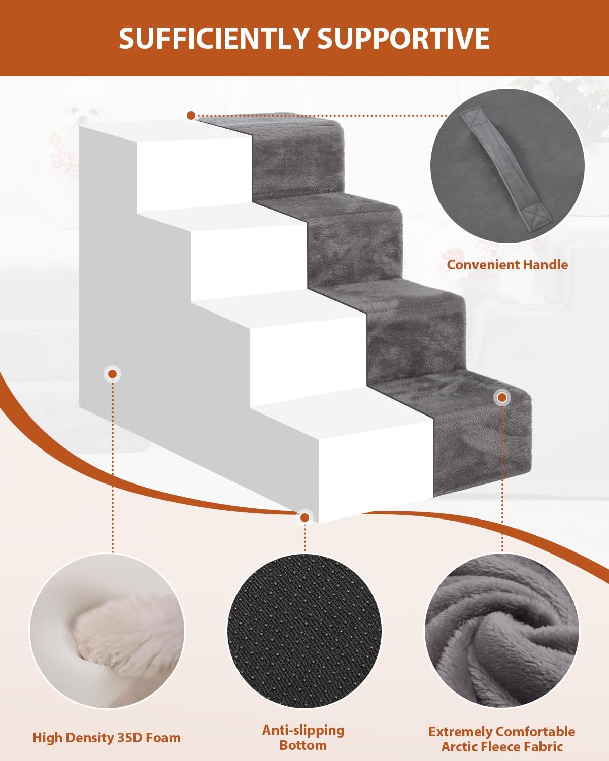 Dog Stairs for Small Dogs,17.5" 4-Step Pet Stairs for High Beds and Couches，Dog Steps with Non-Slip Bottom and High-Density Foam Indoor Outdoor,Grey
