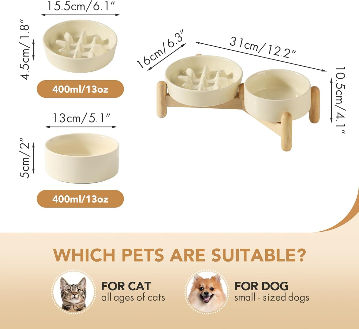 Ceramic Raised Slow Feeder Dog Bowl Set, Elevated 5.1inch Bowl and 6.1inch Slow Pet Food Dish with Wooden Stand for Small Dog and Cat (2 x Beige+ Stand)