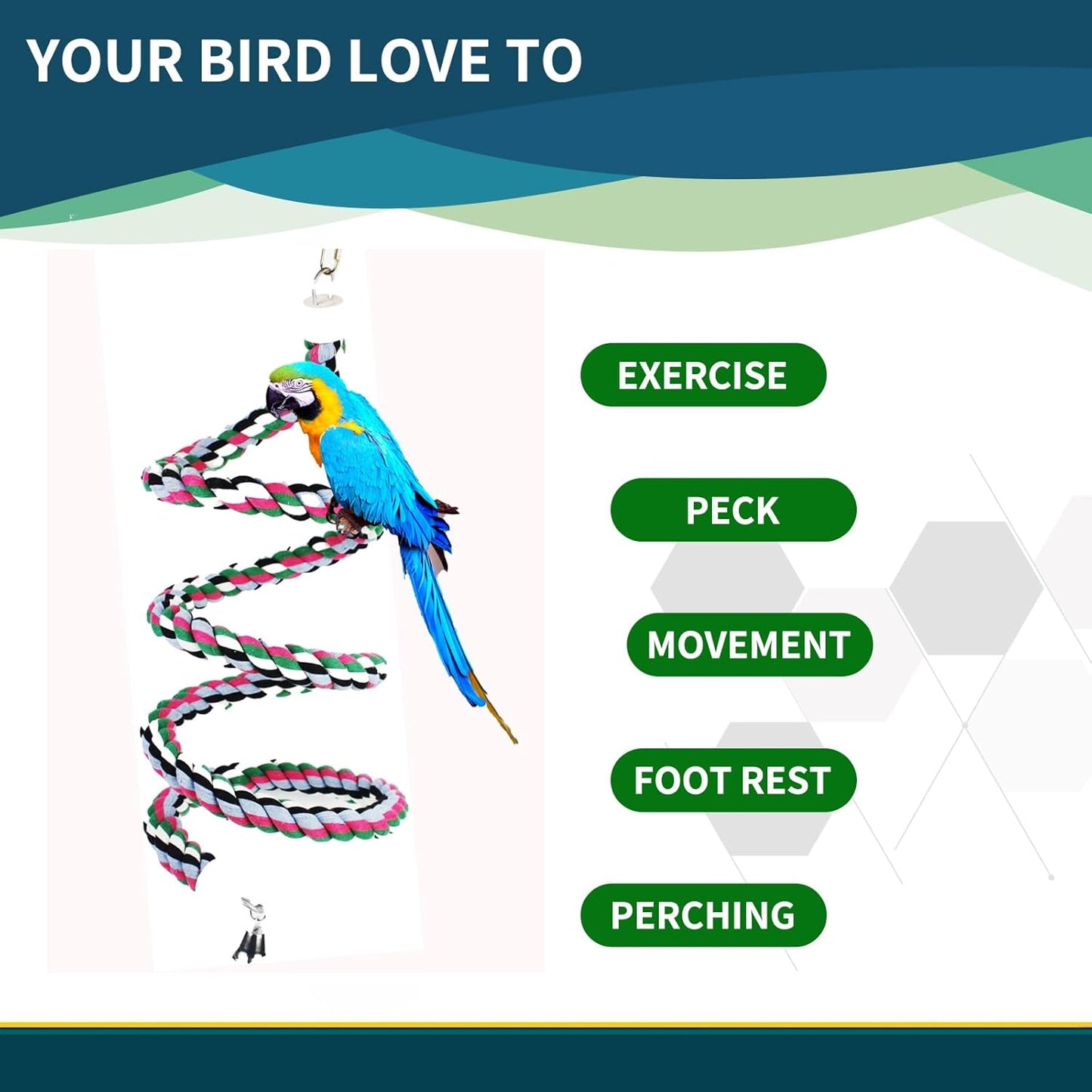 94.4inch Length Colorful Cotton Bendable Rope Perch Swing Bird Chew Toys Amazon Parrots Cage Toys with Bell Swing Climbing Standing Bungee Bird Toys for Regular to Big Size Birds