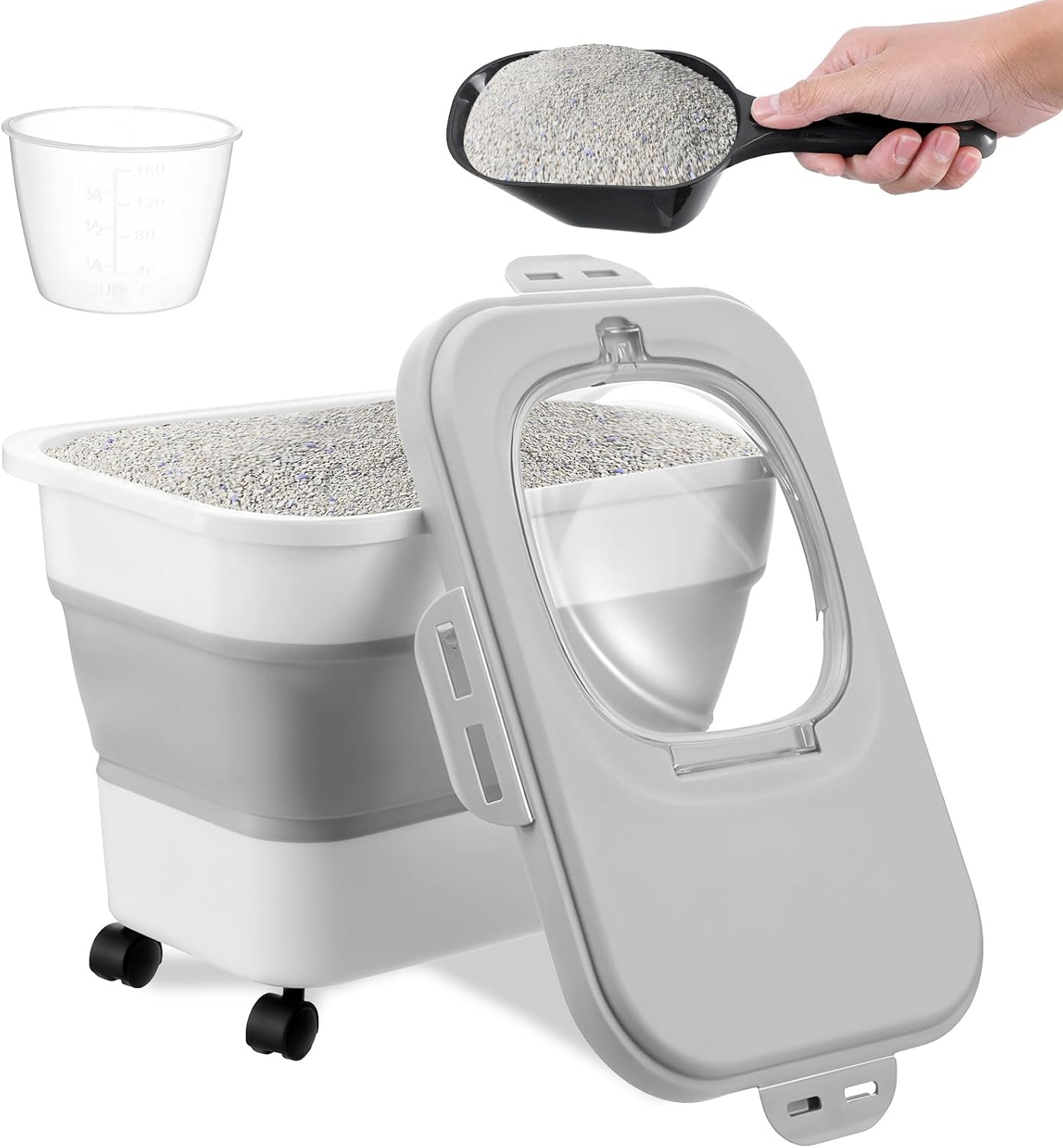 Collapsible Cat Litter Storage Bin Container with Airtight Lids, Portable Cat Litter Storage Container with Wheels, Kitchen Cereal Rice Leakproof Sealable