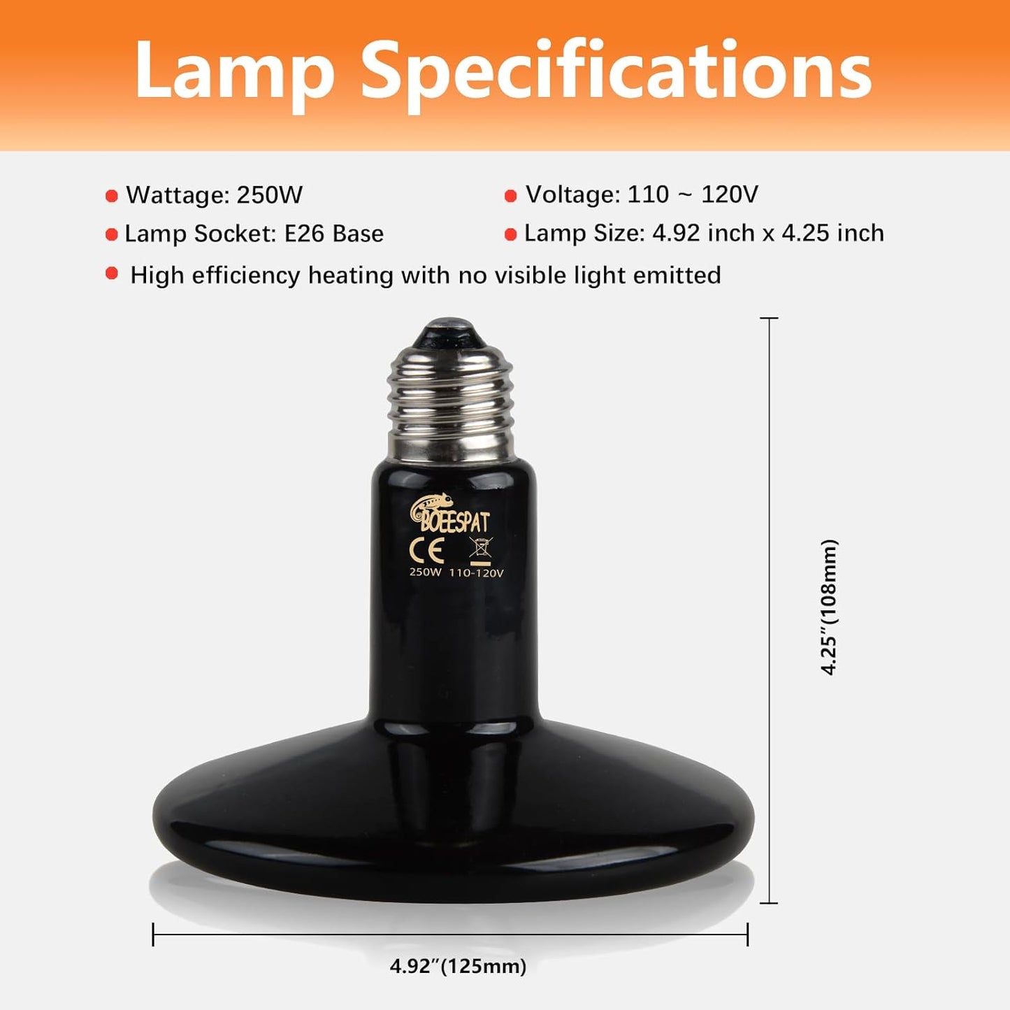 High Power 250 Watts Ceramic Heat Emitter for Reptiles, Tortoise, Snakes, Lizards, Bearded Dragon, Geckos, Amphibians and Chick & Quail Brooder