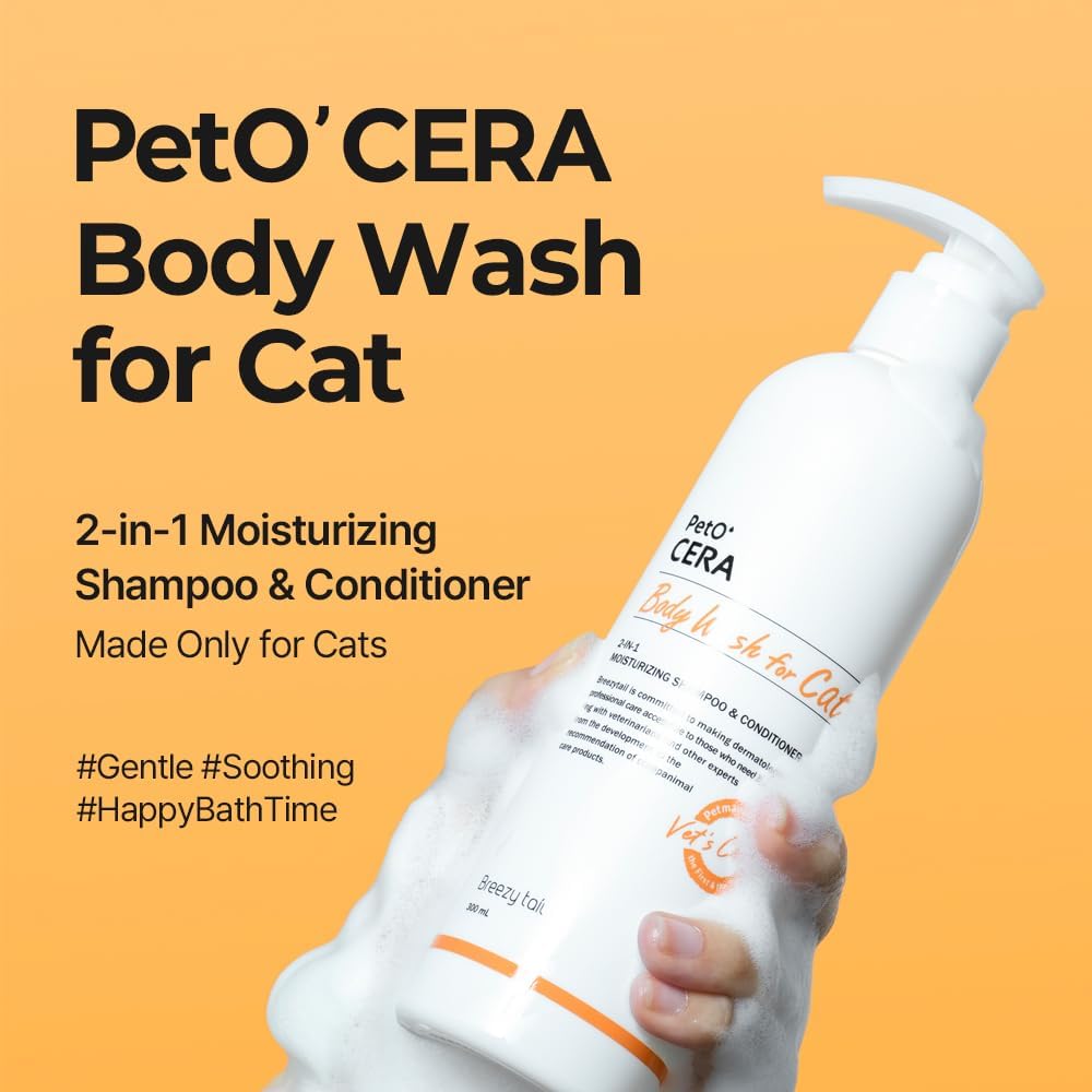 PetO’Cera All-in-One Cat Shampoo and Conditioner | Hypoallergenic Cat Skin & Coat Care | Itch Relief, Moisturizing & Rejuvenating | Veterinarian Approved and Formulated (10.1oz, 300ml)