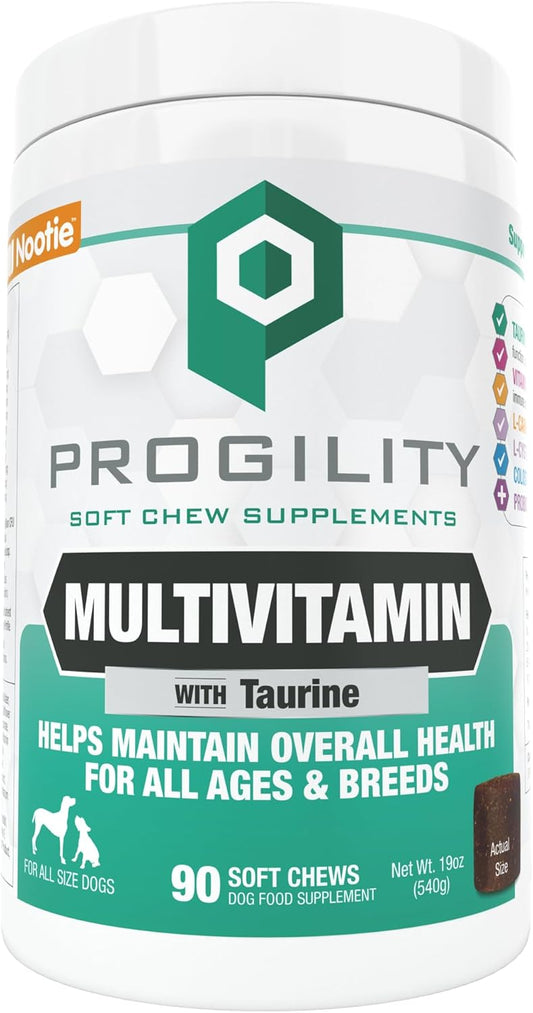 Nootie PROGILITY Daily Multivitamin Chews for Dogs - Supports Immunity, Heart, Eye, Brain, and Bone Health with Taurine- for All Dog Sizes - 90 Soft Chews. - Sold in Over 5,000 Pet Stores