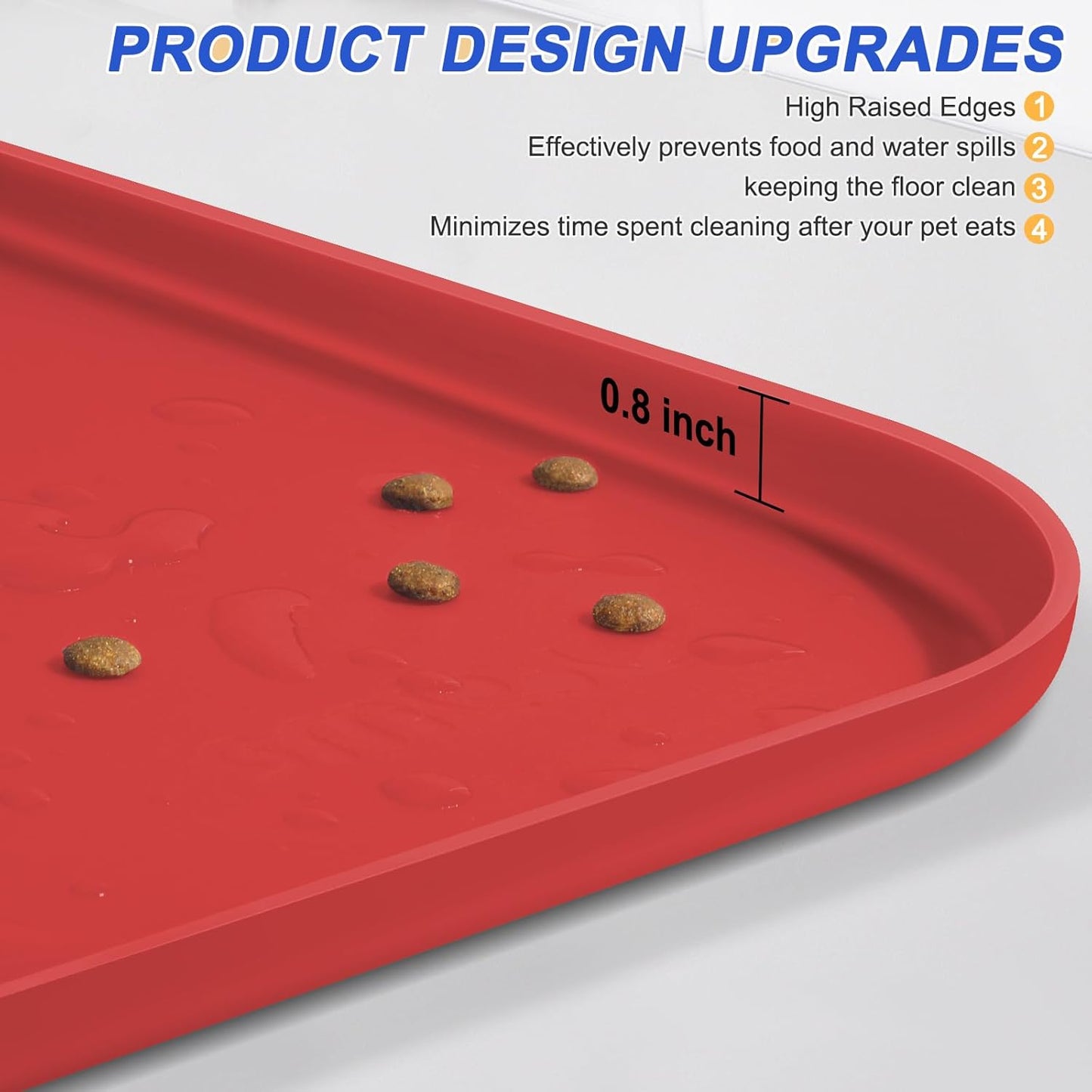Silicone Pet Feeding Mat with Raised Edge for Food and Water, Dog Bowl Mats, Cat Bowls Placemat with High Lip for Floor Waterproof, Rubber Tray for Cats and Dogs 22 x 14 x0.8 Red