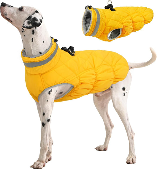 FUAMEY Dog Coat for Large Dogs,Waterproof Dog Winter Jacket with Harness Built in Puppy Cold Weather Coats Reflective Pet Vest with Zipper Warm Fleece Dogs Snowsuit Windproof Yellow XL