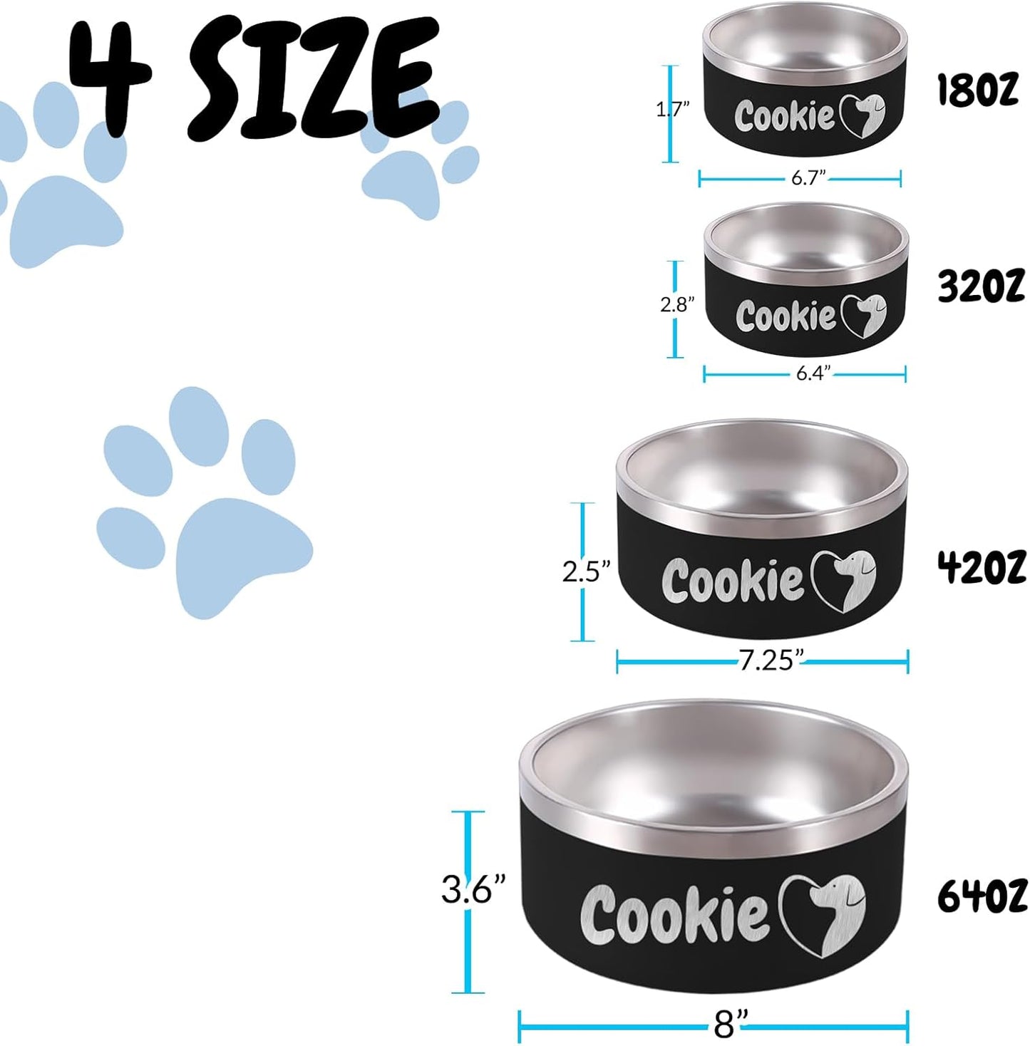 32OZ Personalized Dog Bowl Laser Engraved Custom Pet Name 18/32/42/64 oz No Slip Stainless Steel Insulated Bite-Resistant Food Water Dishes-Light Blue