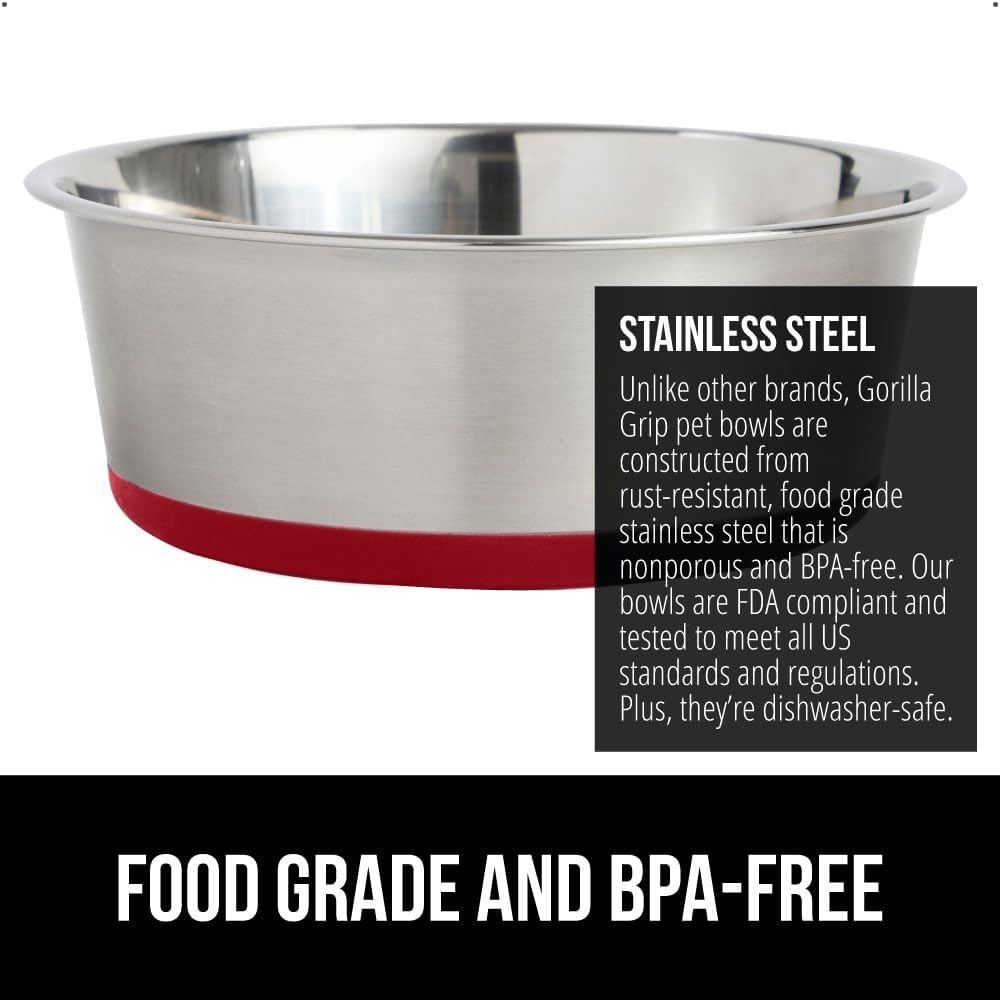 GORILLA GRIP Set of 2 Dog Bowls, Holds 8 Cups (64 fl oz), Heavy Duty Metal Food and Water Bowl for Feeding Dogs and Cats, Dishwasher Safe, Rust Resistant Stainless Steel, BPA Free Rubber Base, Red