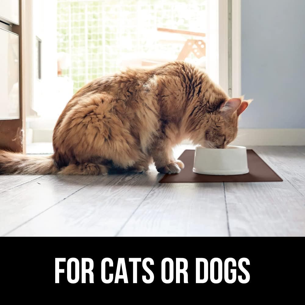 GORILLA GRIP 100% Waterproof Raised Edge BPA Free Silicone Pet Feeding Mat, Dog Cat Food Mats Contain Spills Protects Floors, Placemats for Cats and Dogs Water Bowl, Pets Accessories 23x15 Brown