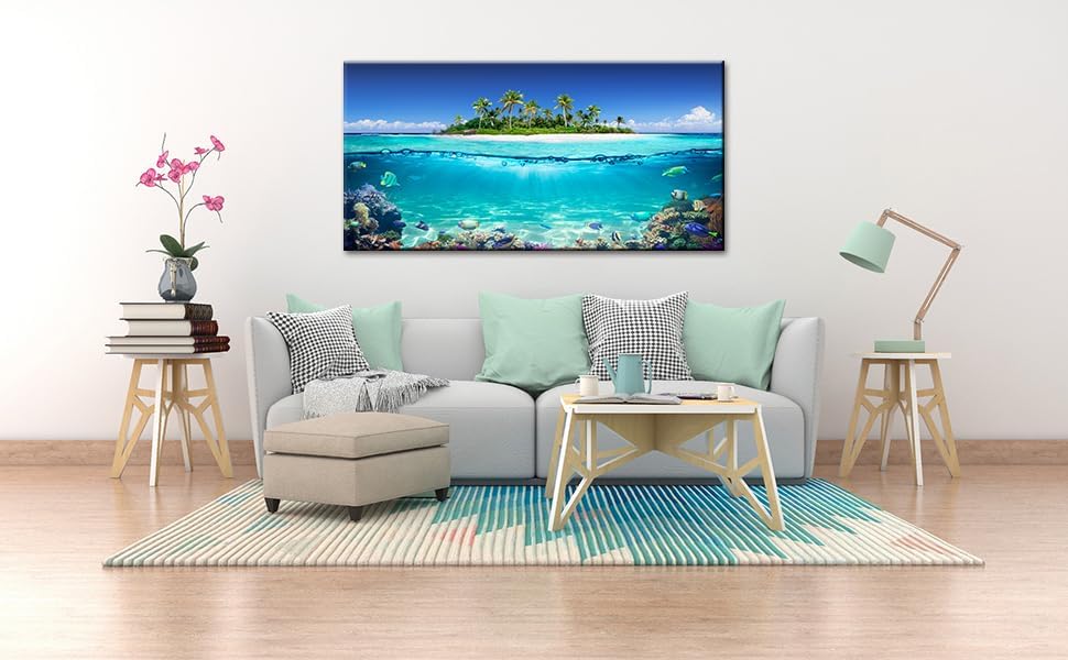 Tropical Island Coral Reef Landscape Canvas Wall Art for Living Room,Unique View Split Waterline Scenery,Beautiful Nature Summer Travel Scenic Picture Print Artwork Painting Decor,Inner Frame 30x60