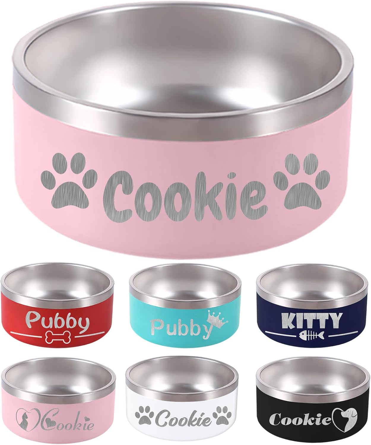 Personalized Dog Bowl Laser Engraved Custom Pet Name 18/32/42/64 oz No Slip Stainless Steel Insulated Bite-Resistant Food Water Dishes-Pink