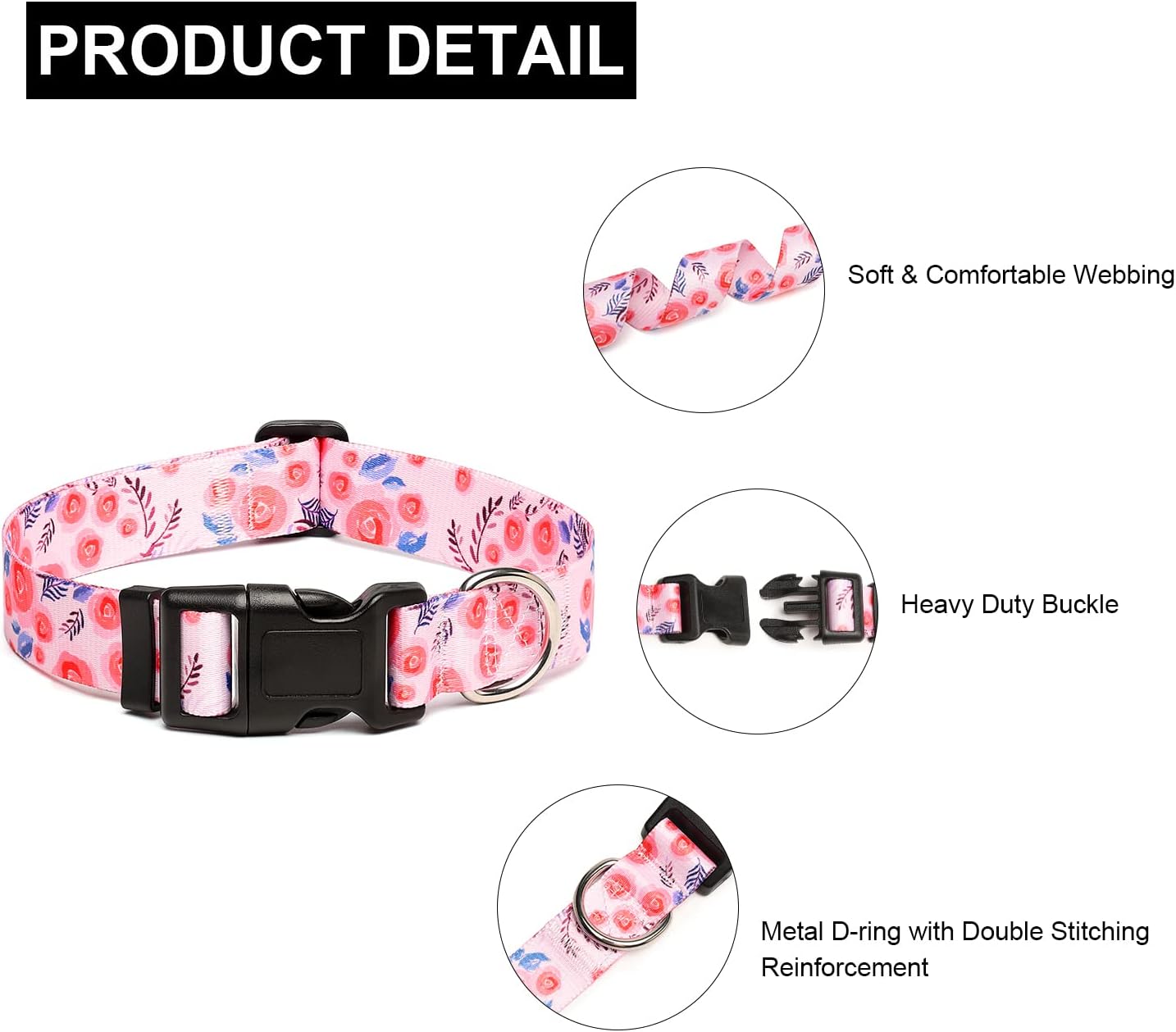 Mercano Adjustable Dog Collar - Special Design Patterns, Soft Nylon Comfortable Durable Pet Collar for Small Medium Large Dogs (M, Rose)