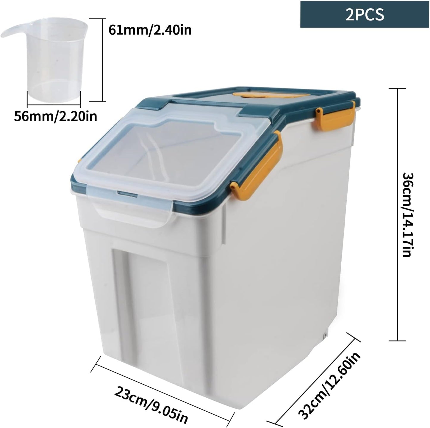 AnRui Airtight Flour Storage Container 25lb, Plastic Grain Storage Bucket, Rice Cereal Dispenser Organizer Box with Lid, Cat Dog Food Storage Bin with Measuring Cup, Scoop, Wheels, 2Pcs Blue