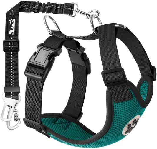 SlowTon Dog Seat Belt Harness for Car, Dog Car Harness Adjustable Mesh Breathable & Dog Seatbelt Safety Tether with Elastic Bungee for Small Medium Large Pets(Green, Double Clip, M)