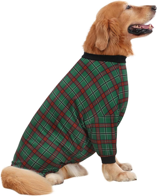 HDE Dog Pajamas One Piece Jammies Jumpsuit Pet Clothes Outfit Stretchy Lightweight Comfy Shirt Pjs for M-3XL Dogs Holiday Plaid - L