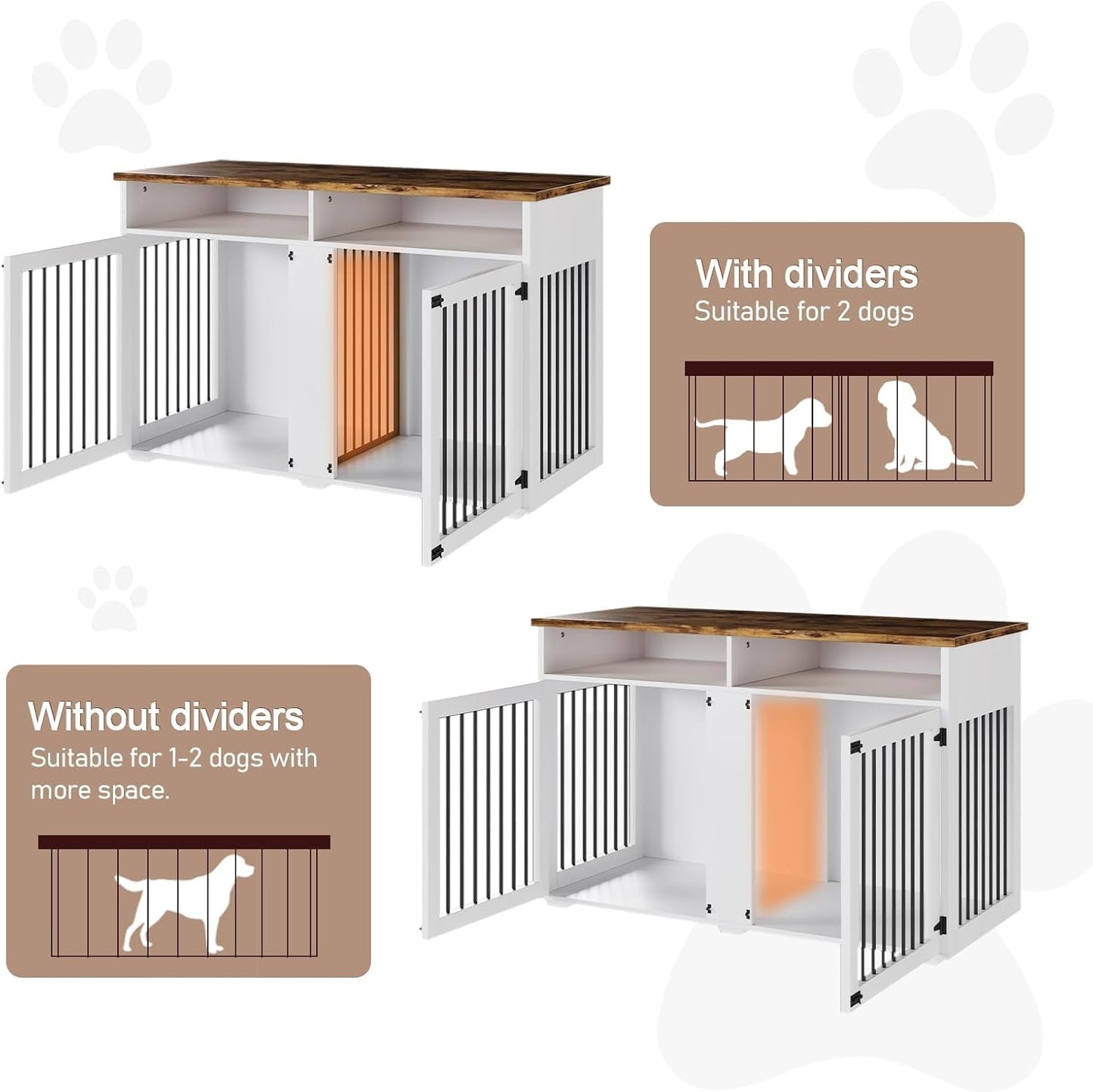 Dog Crate Furniture for 2 Dogs, 55 Inch Dog Crate Indoor with Removable Divider and Shelf Storage, Wooden Dog Crates for Medium/Large Dogs, White