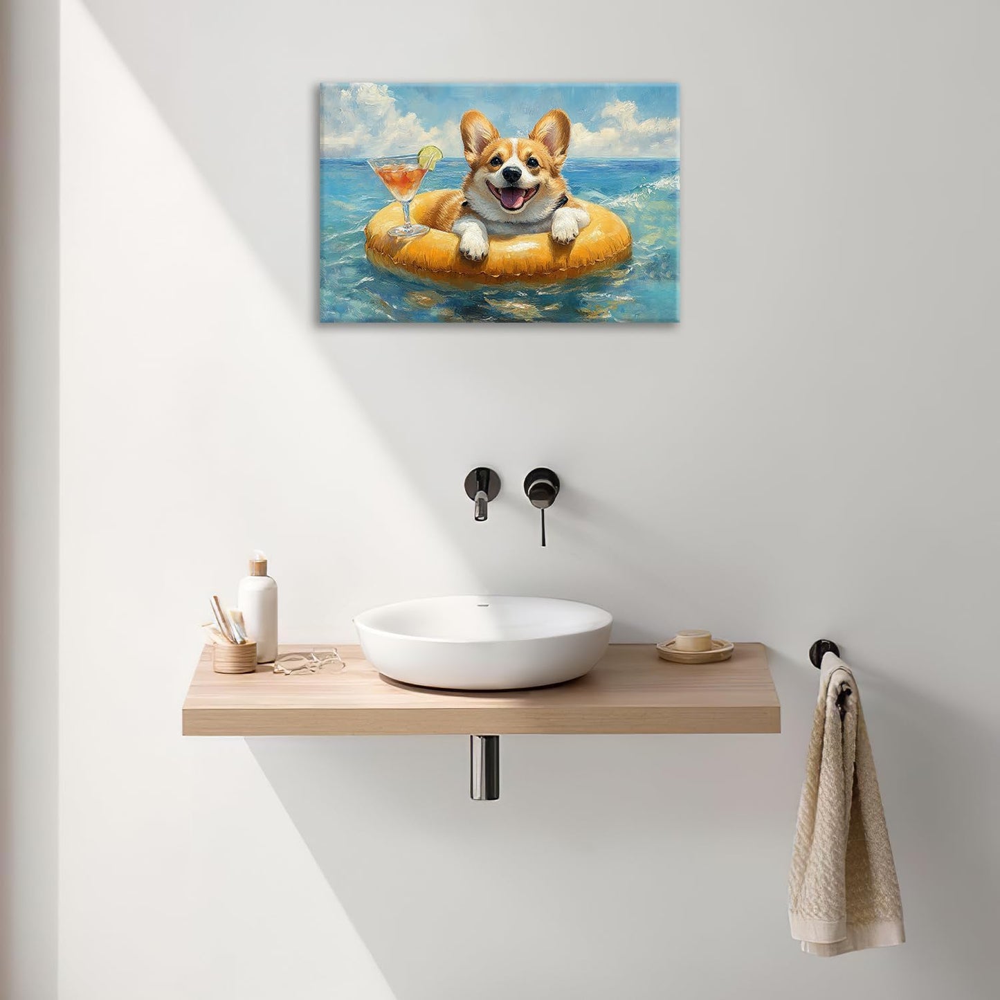 Ocean Funny Corgi Dog Pictures Wall Art, Bathroom Cute Dog Wall Decor Sea Coastal Framed Painting Beach Canvas Artwork for Bathroom Bedroom Living Room Decorations 24"L x 16"W