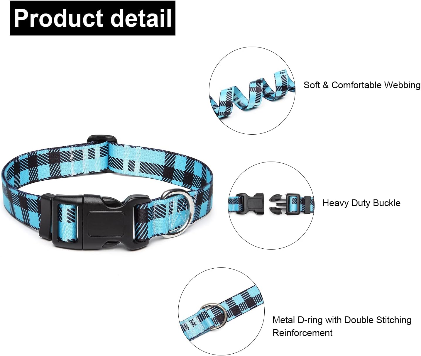 Mercano Adjustable Dog Collar - Special Design Patterns, Soft Nylon Comfortable Durable Pet Collar for Small Medium Large Dogs (M, Blue Plaid)