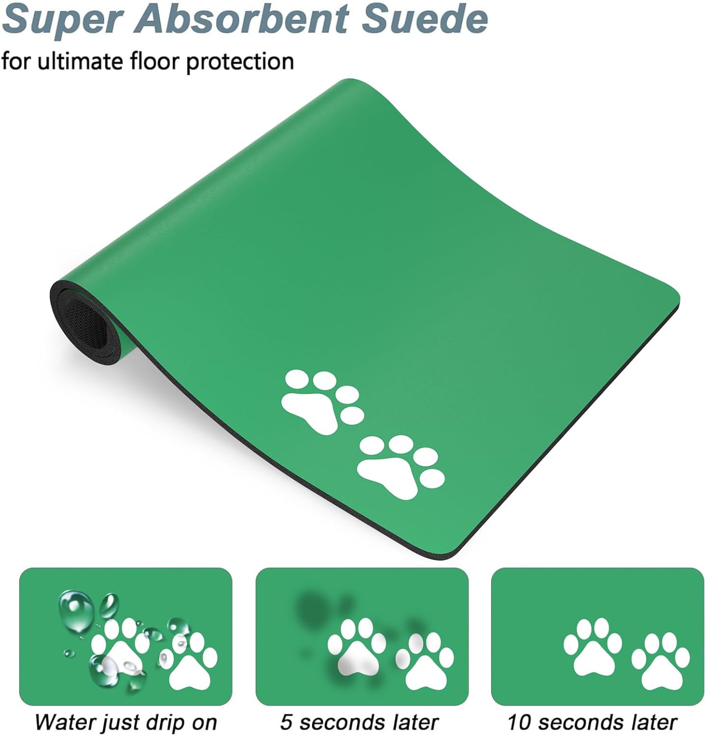 Rnivvi Dog Food Mat, 16" x 24" Footprint Absorbent Dog Cat Bowl Mat for Food and Water, Cute Anti-Slip Rubber Pet Feeding Rug Protect Floors, Puppy Placemat for Feeding & Watering Supplies, Green