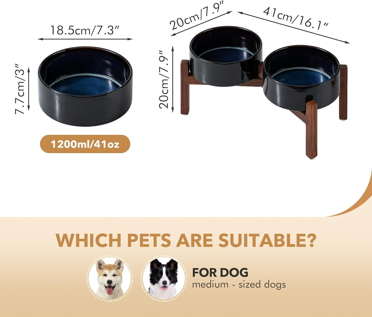 Ceramic 7.3inch Raised Double Dog Bowls Set with Acacia Wood Stand, Food & Water Bowls for Medium Breed Dogs, Weighted Pet Dishes(41oz, Starry Sky)