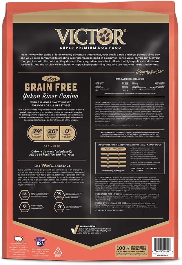 VICTOR Super Premium Dog Food – Grain Free Yukon River Canine – Supports Immune & Digestive Health for Dogs of All Life Stages – High Protein Dry Dog Food for All Normally Active Dogs, 15 lb