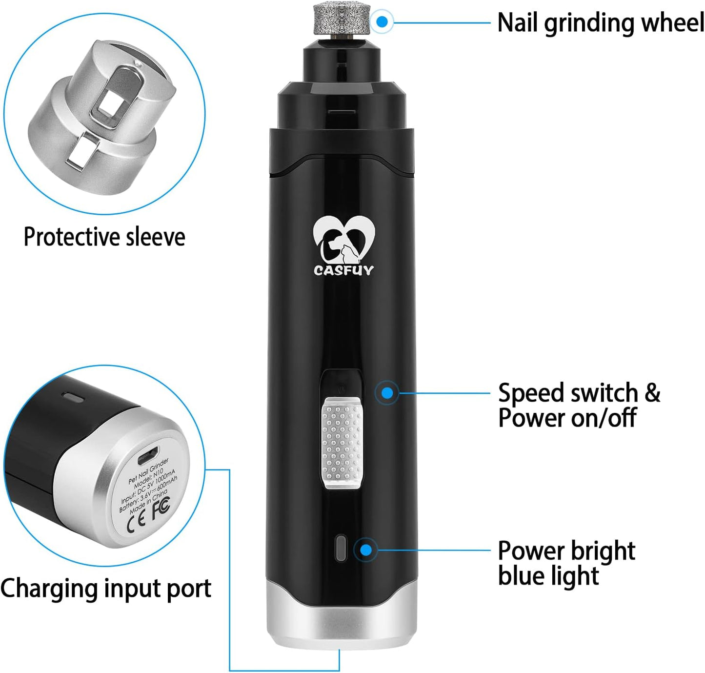 Casfuy Dog Nail Grinder Upgraded - Professional 2-Speed Electric Rechargeable Pet Nail Trimmer Painless Paws Grooming & Smoothing for Small Medium Large Dogs & Cats (Black)