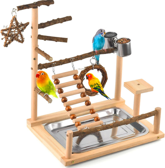 KATUMO Bird Playground - Natural Wooden Perches Parakeet Ladder Conure Swing Bird Cage Accessories with Removable Tray & 2 Stainless Steel Cups