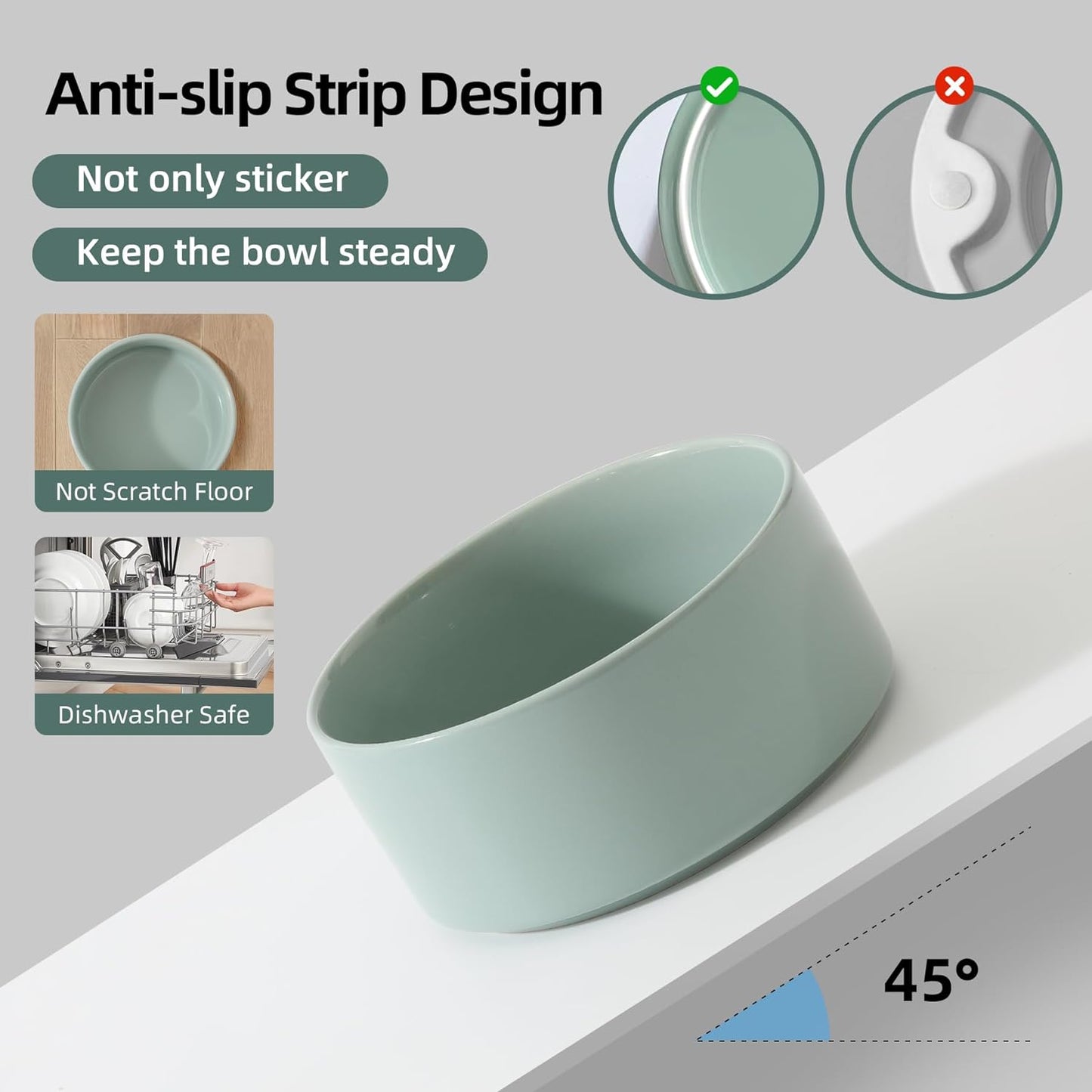 Ceramic 6.1inch Raised Dog Bowl with Stand for Small and Medium Dog Dish Pet Food and Water Bowl (Single Bowl with Stand - Light Green)