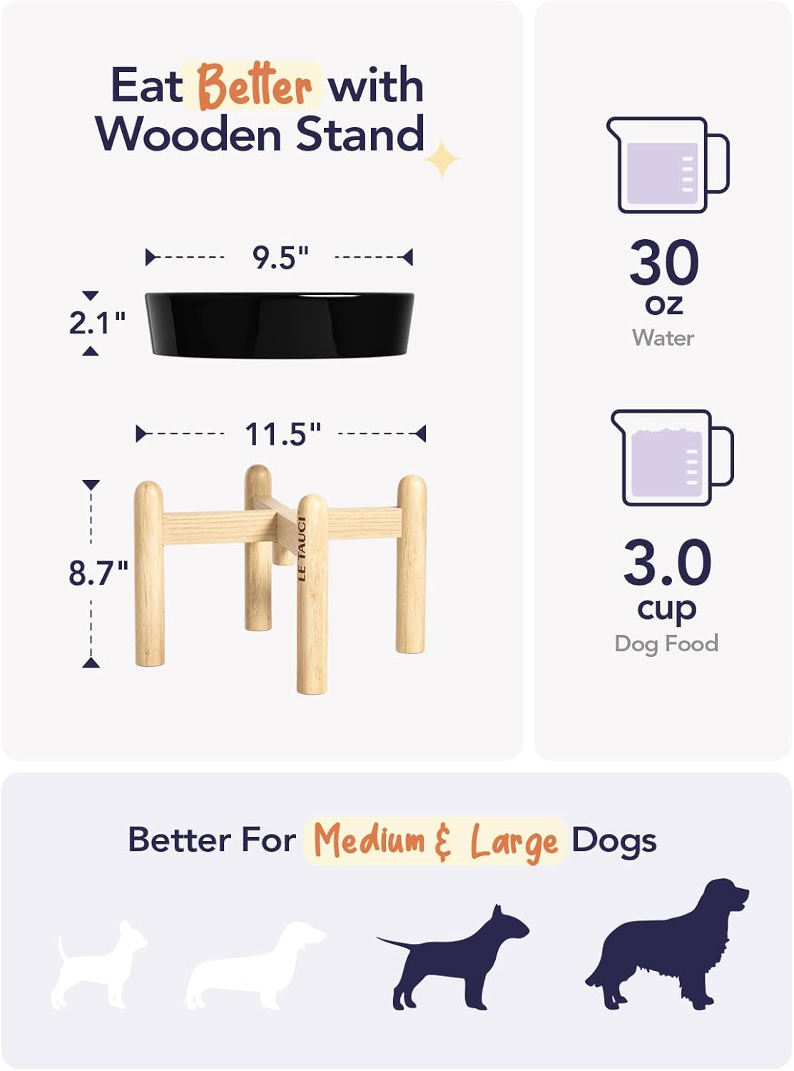 LE TAUCI Ceramic Slow Feeder Dog Bowls Elevated, 3 Cup Raised Bowl with Wooden Stand for Medium Large Breed, Slow Down Eating, Puzzle Dog Food Bowl,Skull Black