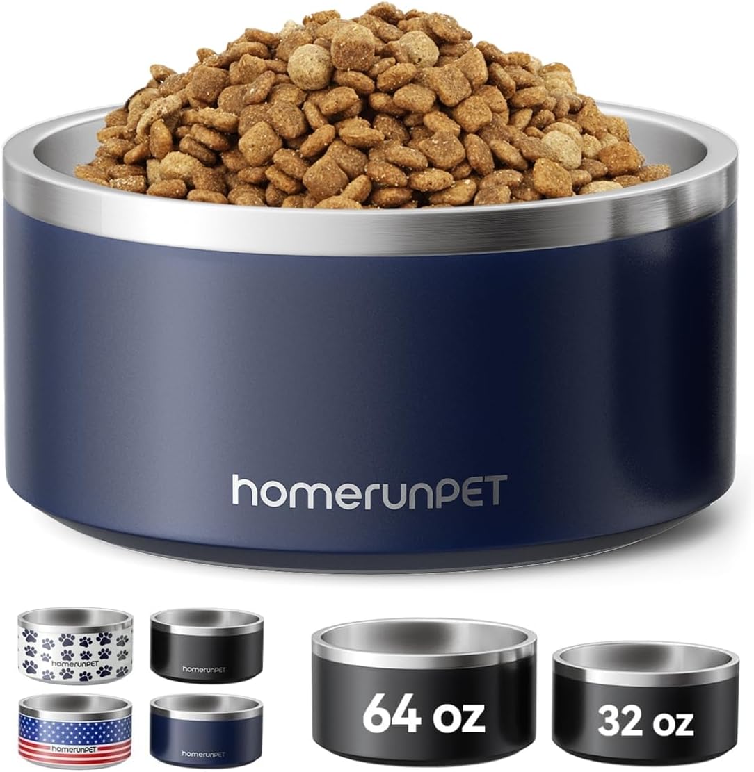 HomeRunPet Dog Bowls, Durable Dishwasher Safe Double Wall Metal Insulated Stainless Steel Food Water Bowls with Non-Slip Rubber Base, Ideal for Small Medium and Large Dogs (32oz, Navy)