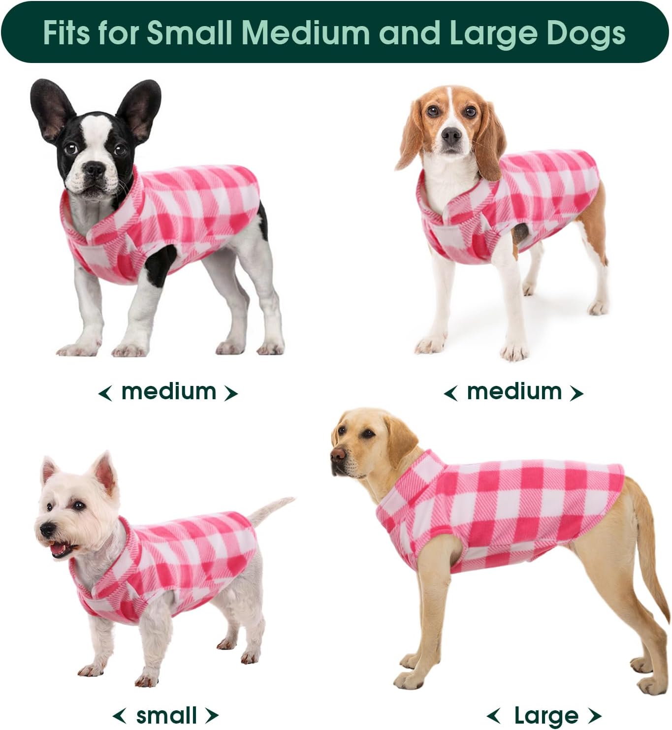 Kuoser Dog Fleece Vest,Warm Plaid Dog Sweater with Leash Hole,Soft Turtleneck Winter Pet Jacket Dogs Coat Pullover Clothes for Small Medium Dogs Cats,Spring Fall Cold Weather Christmas Outfit,Pink M