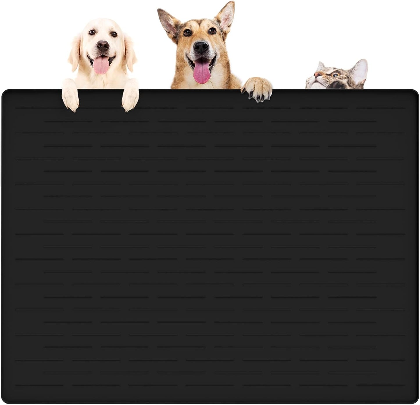 39.4"x29.5" Large Pet Food Mat, Silicone Dog Mats for Food and Water, Nonslip Pet Feeding Mats for Floors,Dog Cat Bowl Mat with Raised Edges, Black